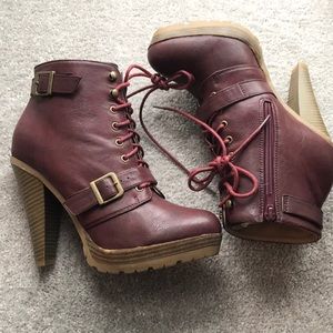 Burgundy wine colored military style heel booties